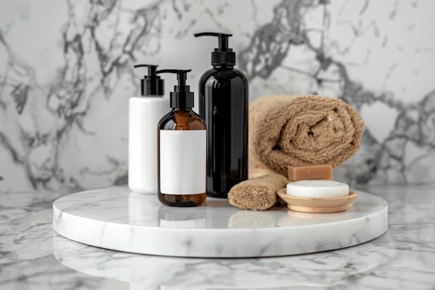 Produtos cosméticos em pedestal de mármore branco na casa de banho