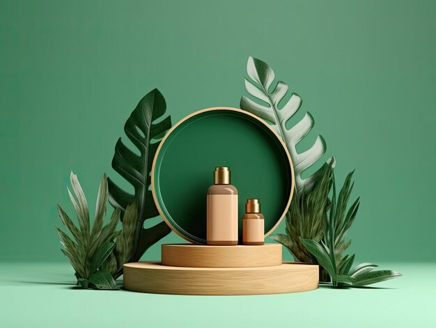 Produtos cosméticos em pódio de madeira em torno de folhas tropicais para apresentação de produtos