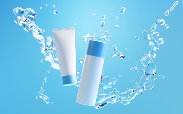 Produtos cosméticos em respingos de água no fundo azul Toner ou loção de limpeza de cuidados com a pele em garrafas brancas e tubo caindo na superfície da água Ilustração 3d realista embalagem vazia mock up banner