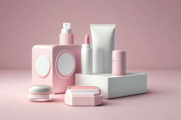 Produtos cosméticos em uma renderização 3d de fundo rosa simulam ai generativa