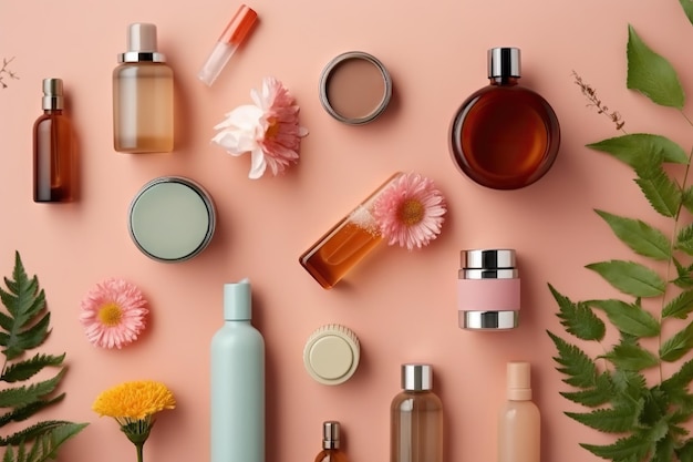 Produtos cosméticos naturais na cor de fundo rosa Imagem de vista superior plana leigo IA generativa