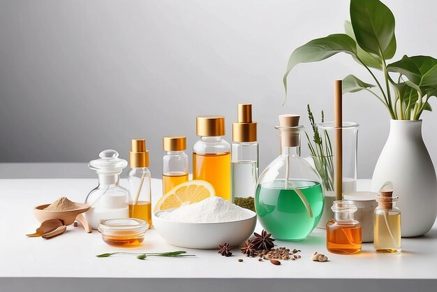 Foto produtos cosméticos orgânicos ingredientes naturais e utensílios de vidro de laboratório em espaço branco para texto
