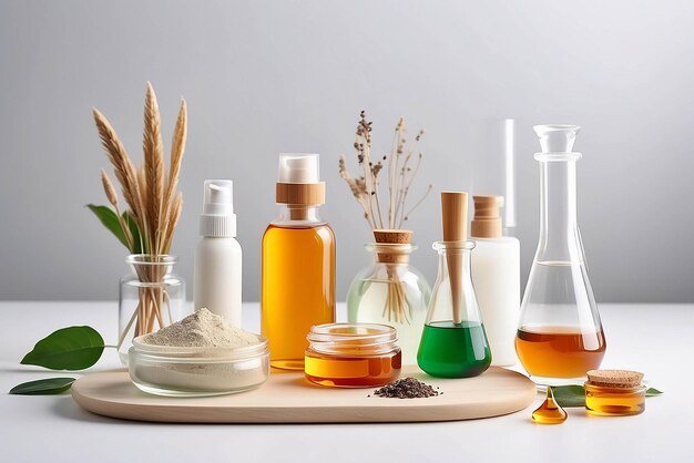 Foto produtos cosméticos orgânicos ingredientes naturais e utensílios de vidro de laboratório em espaço branco para texto