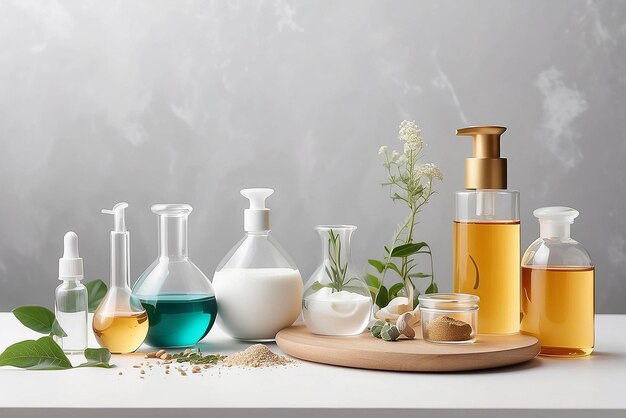 Foto produtos cosméticos orgânicos ingredientes naturais e utensílios de vidro de laboratório em espaço branco para texto