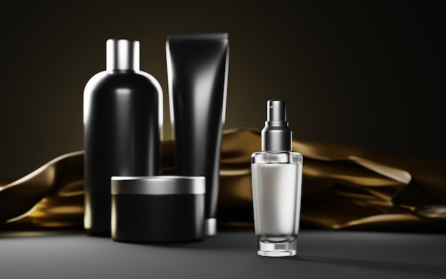 Produtos cosméticos para homens em fundo escuro com pano de seda dourado maquete de banner Tubo de frasco de xampu vazio preto de creme com tampa de prata perfume spray de óleo de barba de vidro embalagem de ilustração 3d