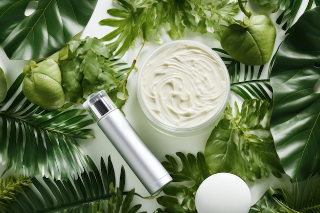 Produtos cosméticos para o cuidado da pele em folhas verdes Conceito de design criativo