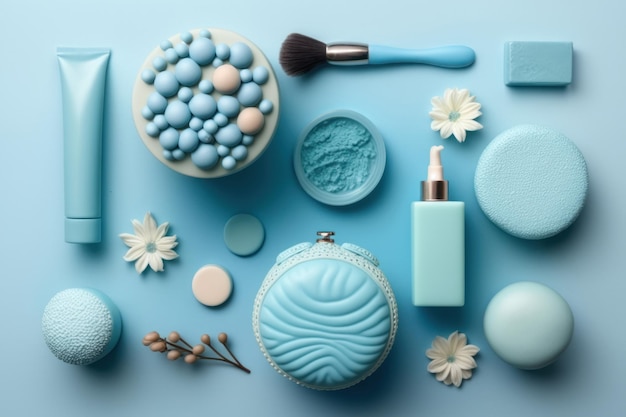 Produtos de beleza de spa para cuidados com a pele do corpo e rosto vistos de cima em vários produtos de spa em fundo azul Ai gerado