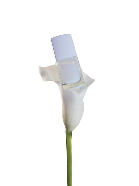 Foto produtos de beleza frasco de esmalte de unhas branco em calla flor isolada em fundo branco