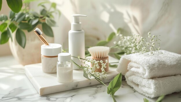 Produtos de beleza naturais com flores e plantas sobre fundo de mármore