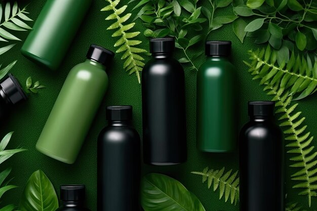 Produtos de beleza orgânicos brilhando em um fundo verde vibrante