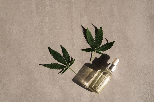produtos de cânhamo de óleo garrafa de vidro com óleo de CBD folhas de cánhamo cannabis medicinal com óleo de extrato Cosméticos óleo de CBD