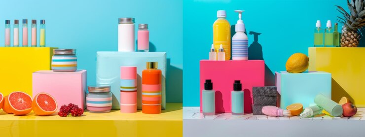 Foto produtos de cuidados com a pele brilhantes e coloridos com frutas em fundos pastel