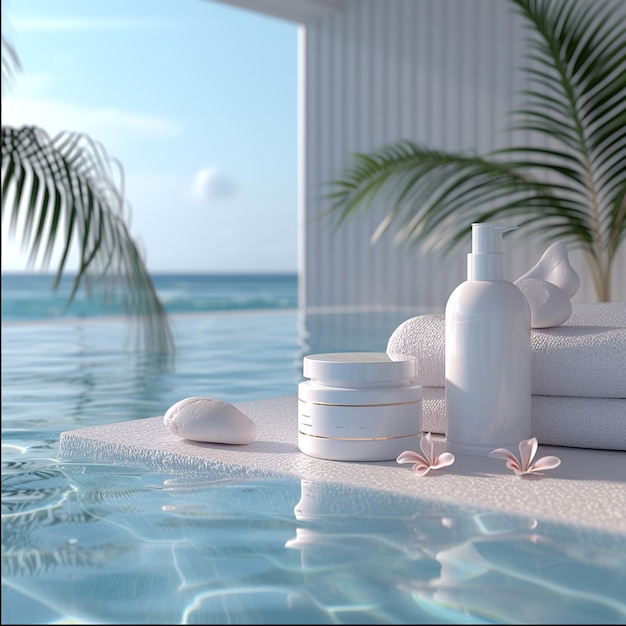 Produtos de cuidados com a pele na praia 3d render conceito de verão
