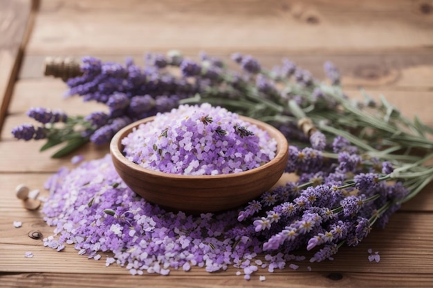 Produtos de cuidados corporais à base de ervas de sais de banho com lavanda fresca em fundo de madeira rústica