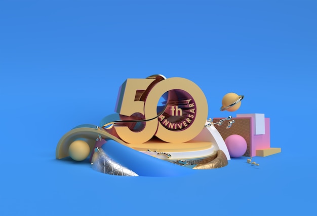 Produtos de exibição de texto de celebração de aniversário de 50 anos que anunciam design de ilustração 3D.