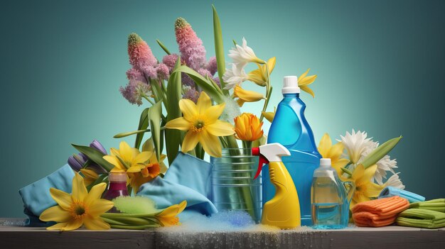 Produtos de limpeza de primavera com fundo azul