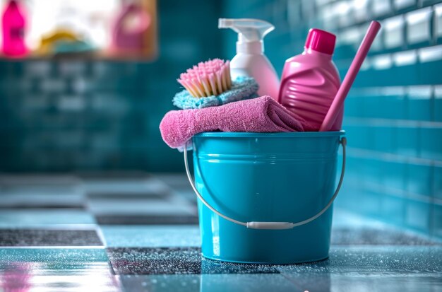 produtos de limpeza doméstica num balde azul dentro da cozinha