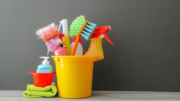 Foto produtos de limpeza limpos e ordenados em fundo cinzento aumentam o seu espaço com um s conveniente