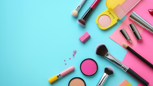 Produtos de maquiagem coloridos dispostos sobre um fundo azul vibrante com sotaques cor-de-rosa durante uma sessão de beleza criativa
