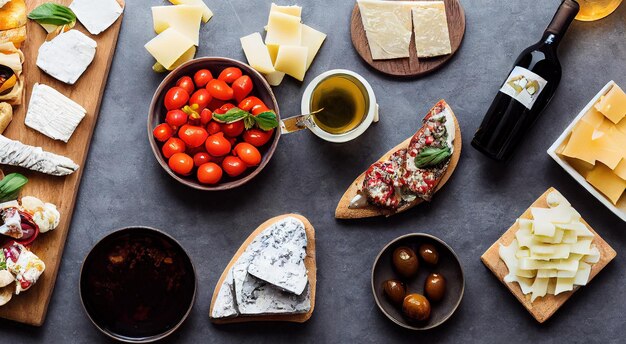 Produtos italianos para fazer bruschetta vinho tomates queijo azeitonas