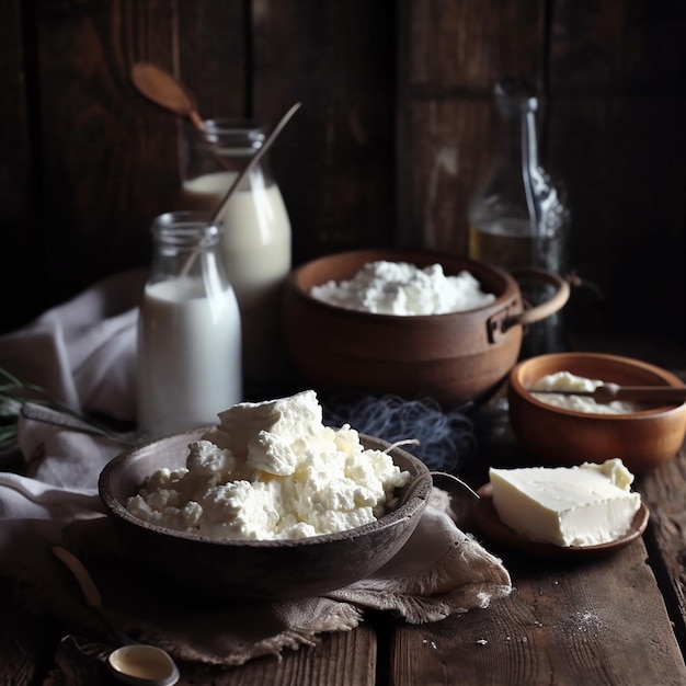 Produtos lácteos de fazenda natural e talheres rústicos na velha mesa de madeira rural ai generative