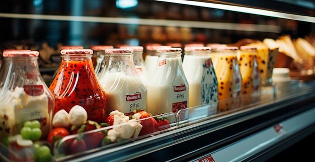 Foto produtos lácteos leite e queijo em uma exposição de alimentos de supermercado imagem gerada por ia