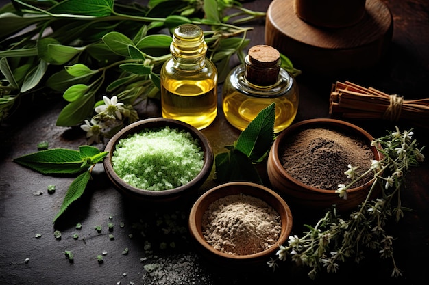 Produtos naturais de cuidados com a pele à base de plantas, vista superior, ingredientes, óleo cosmético, argila, sal marinho, ervas, planta