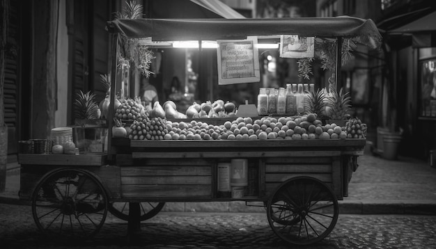 Foto produtos orgânicos frescos vendidos em um quiosque rústico de mercado de rua gerado por ia