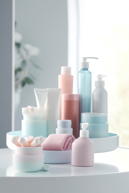Produtos para cuidados com a pele em tons pastéis dispostos em um banheiro branco Barbiecore Bright Palette Makeup Banner AI Generative