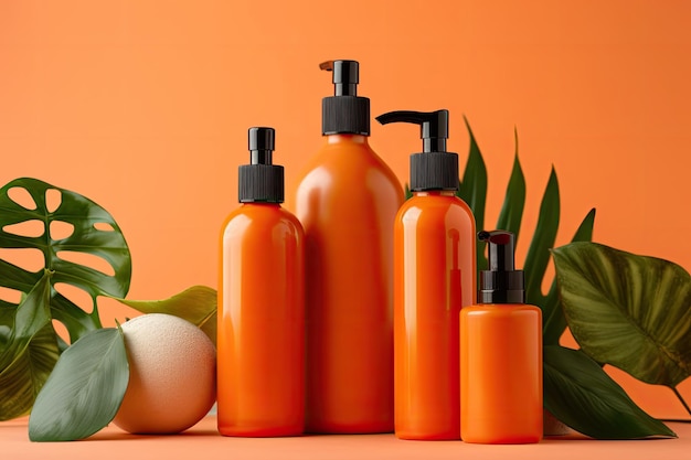 Produtos para o cabelo com folhas verdes em fundo laranja