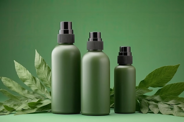 Produtos para o cabelo naturalmente nutritivos com folhas verdes em fundo verde