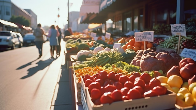 Produtos vibrantes do mercado do fazendeiro e barracas movimentadas, criando uma tapeçaria da generosidade da natureza