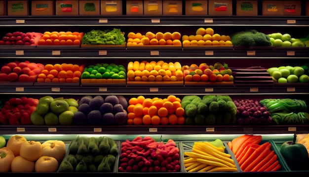 Produtos vibrantes em exibição em um supermercado moderno Frutas e vegetais frescos na prateleira Generative AI