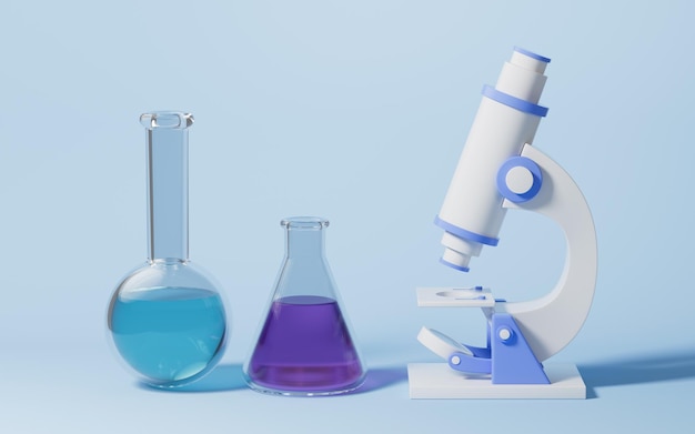 Produtos vidreiros e microscópio com renderização 3d de fundo azul