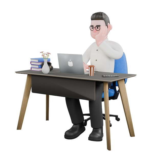 Produzent 3D-Cartoonfigur sitzt an einem Tisch in einer denkenden Pose