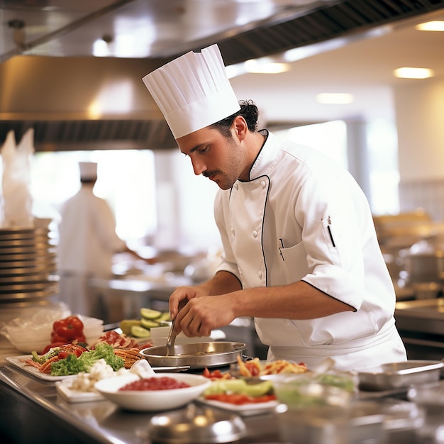profesión de cocina de alimentos y concepto de personas cocinero masculino feliz sirviendo y limpiando platos