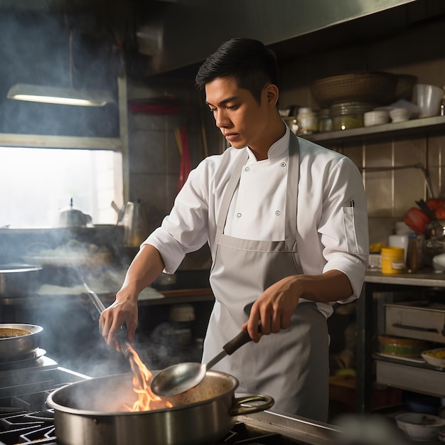 profesión de cocina de alimentos y concepto de personas cocinero masculino feliz sirviendo y limpiando platos