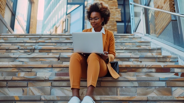 Profesional afroamericana joven mujer de negocios trabajando con computadora portátil al aire libre