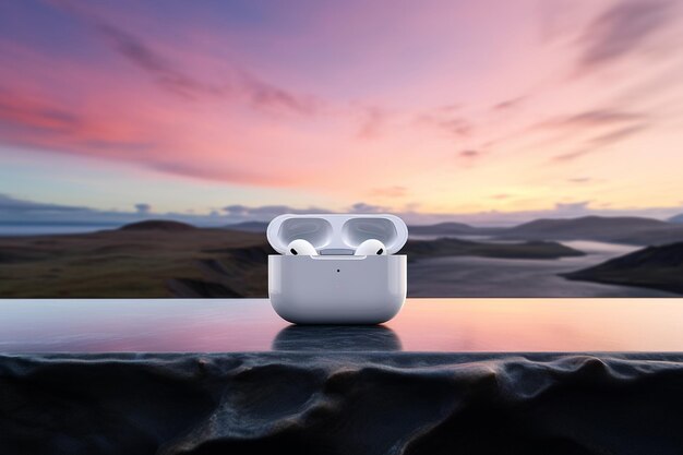 Foto un profesional de los airpods con un enfoque en su diseño elegante