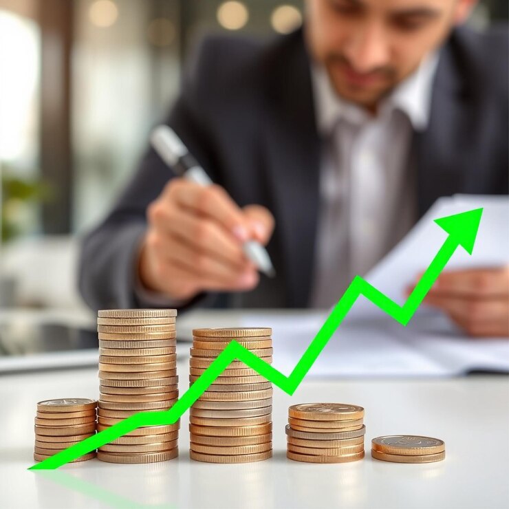 Un profesional analizando datos financieros con monedas apiladas y un gráfico ascendente