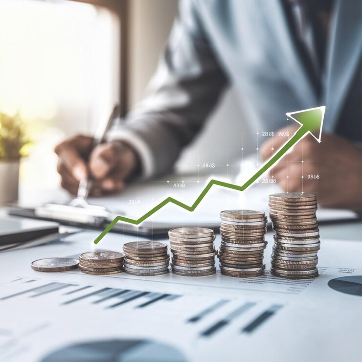 Un profesional analizando datos financieros con monedas apiladas y un gráfico ascendente