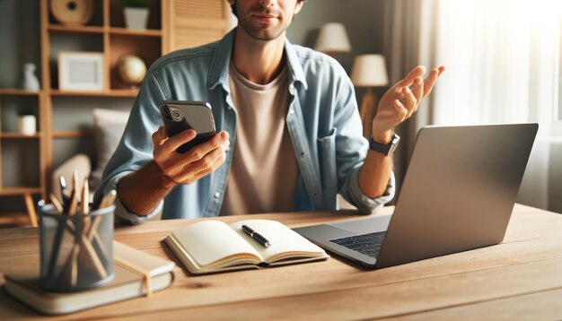 Un profesional casual en un entorno acogedor usa atentamente un teléfono inteligente con una computadora portátil abierta en la mesa mezclando comodidad con productividad