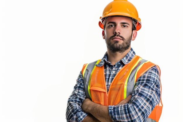 Profesional en construcción de alta visibilidad chaqueta naranja y casco