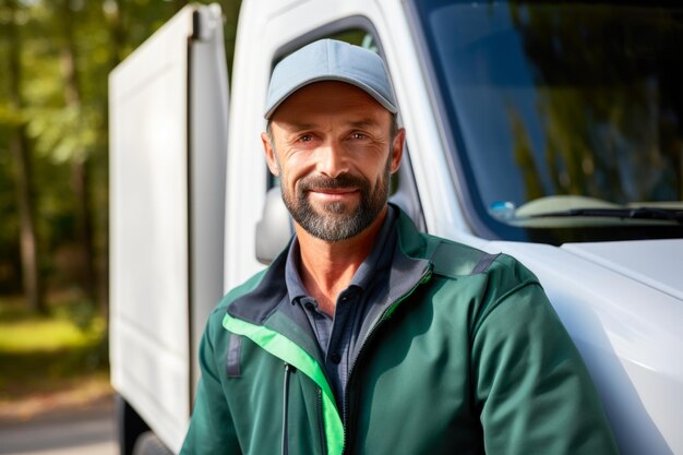 Profesional de entregas sonriente listo para el servicio