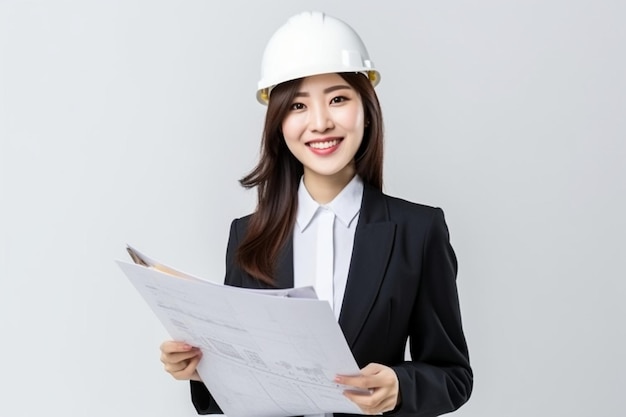 Profesional feliz asiática mulher arquiteto engenheiro de construção em capacete e terno de negócios segurando