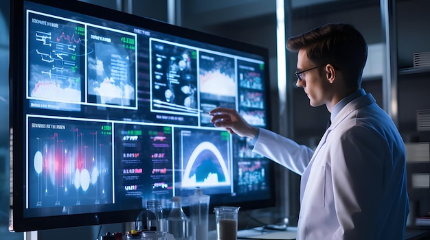 Un profesional en un laboratorio moderno analizando las tendencias de los datos en una pantalla transparente