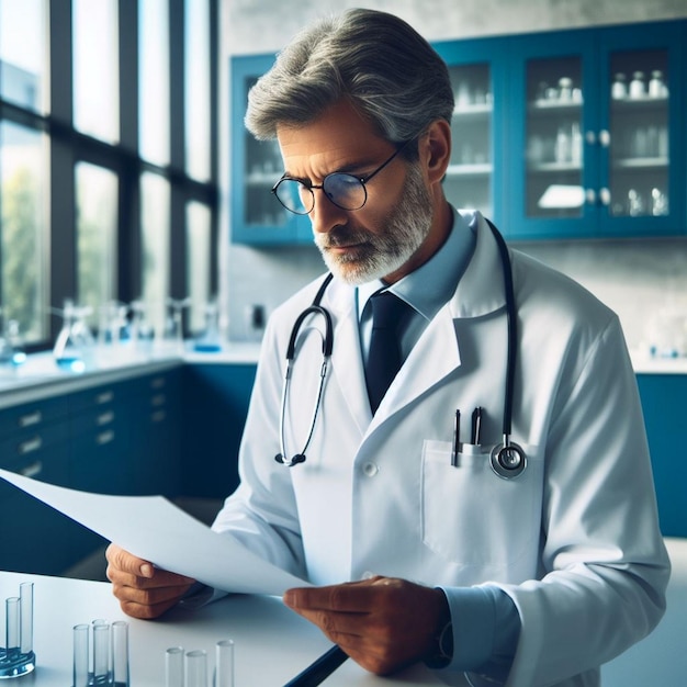 Profesional médico centrado en la revisión de los registros de pacientes en un laboratorio moderno