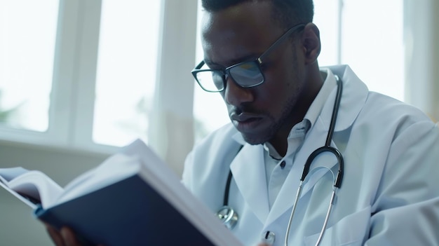 El profesional médico estudioso absorbe atentamente el conocimiento de un libro de texto en un entorno clínico