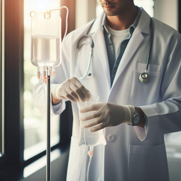 Profesional médico que prepara el goteo intravenoso para el cuidado del paciente