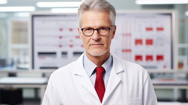 Profesional médico senior con cabello blanco con una bata de laboratorio de pie con confianza frente a un cartel que muestra gráficos y datos científicos